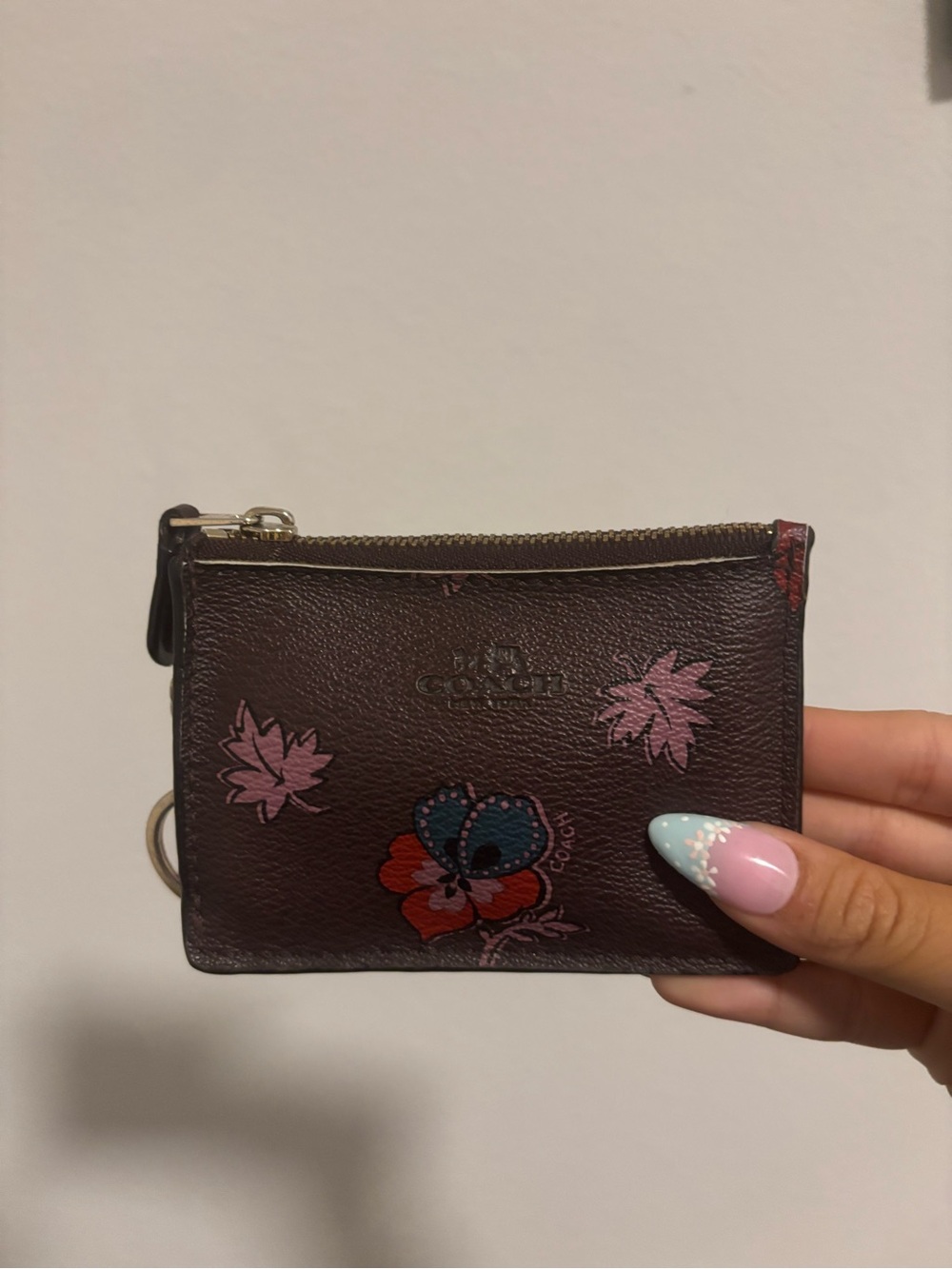 Coach Brown Floral Zip Card Case with Pink and Blue Accents